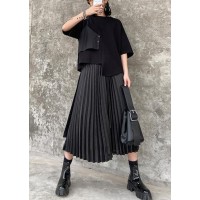 Pleated skirt high waist a-line fashion black stitching elastic waist skirt female summer